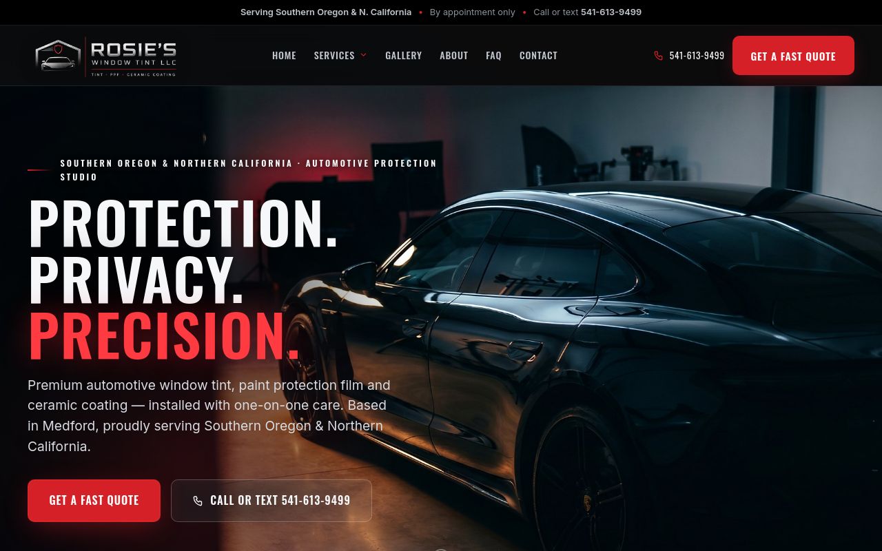 Homepage of Rosie's Window Tint LLC's website