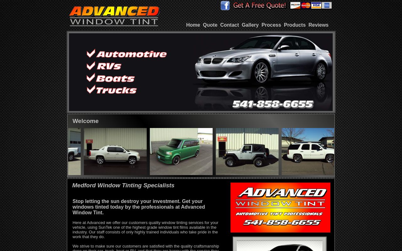 Homepage of Advanced Window Tint's website