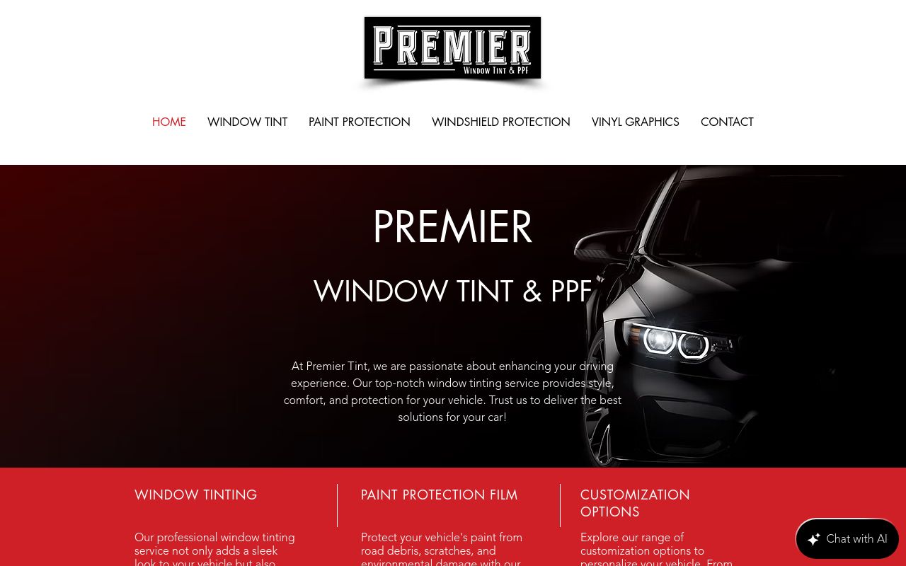Homepage of Premier Window Tint & PPF's website