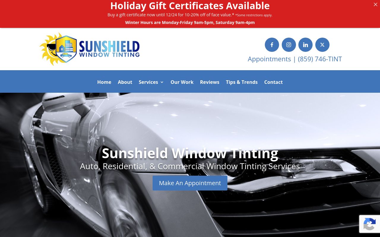 Homepage of Sunshield Window Tinting's website