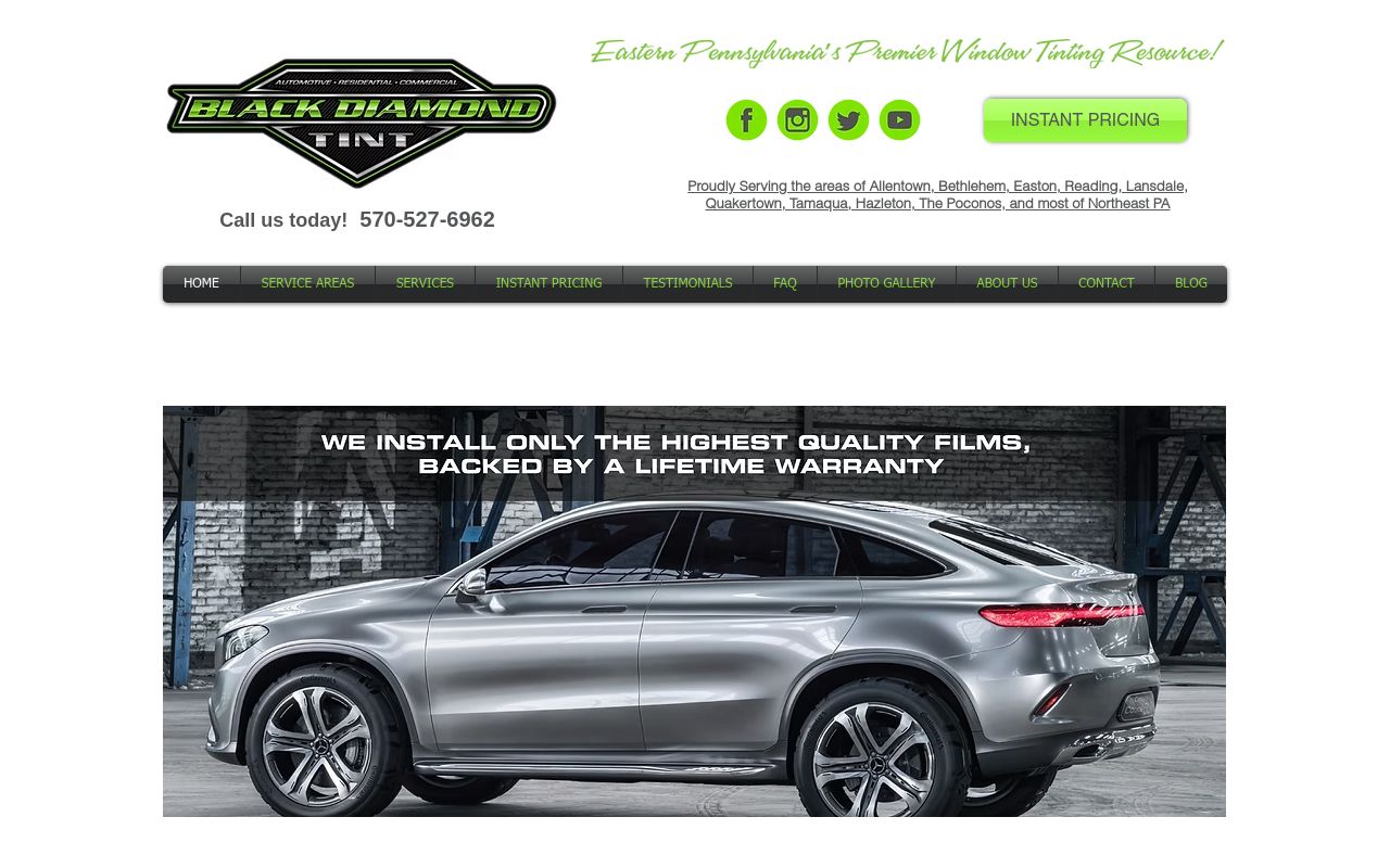 Homepage of Black Diamond Tint's website