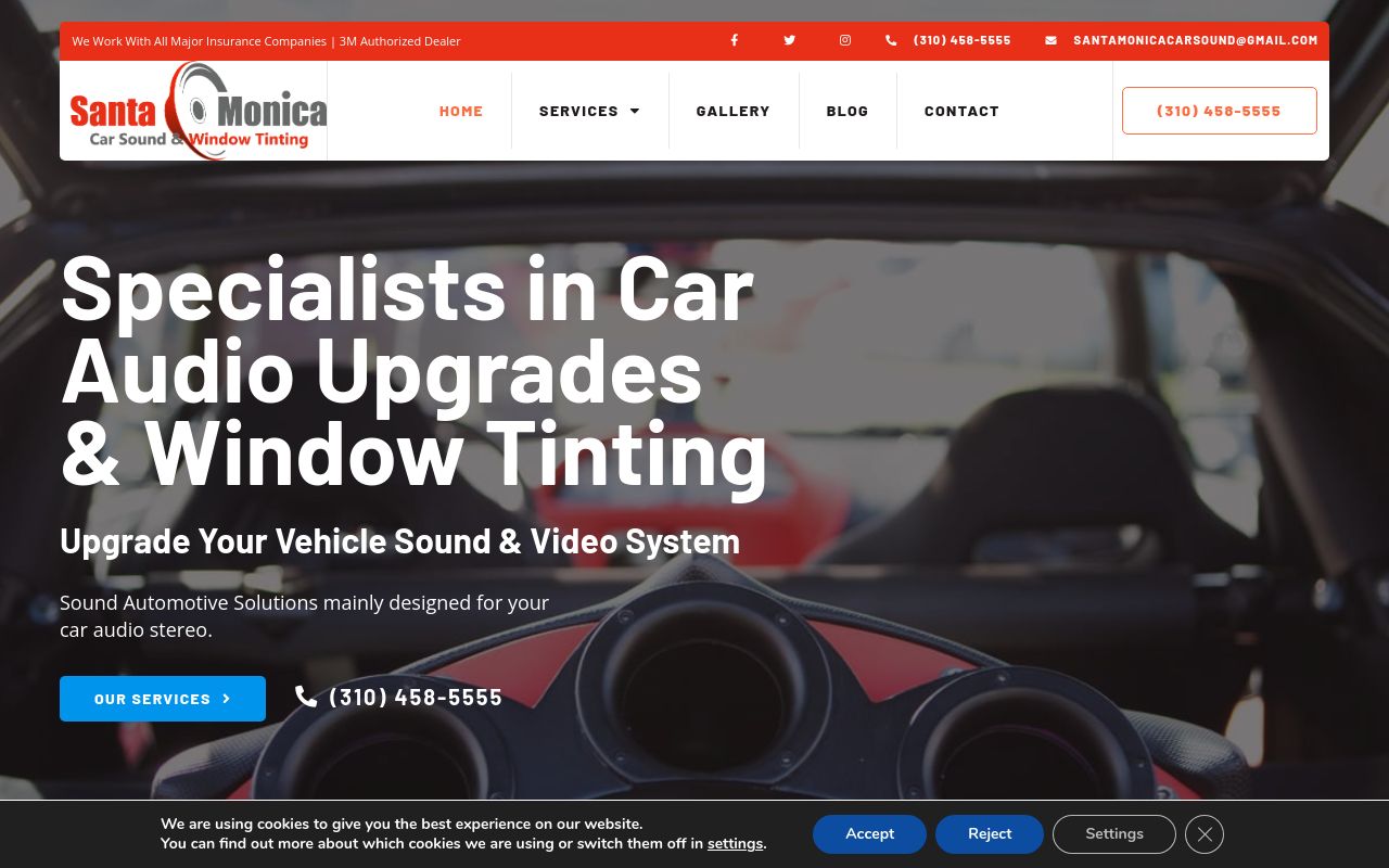 Homepage of Santa Monica Car Sound & Window Tinting's website