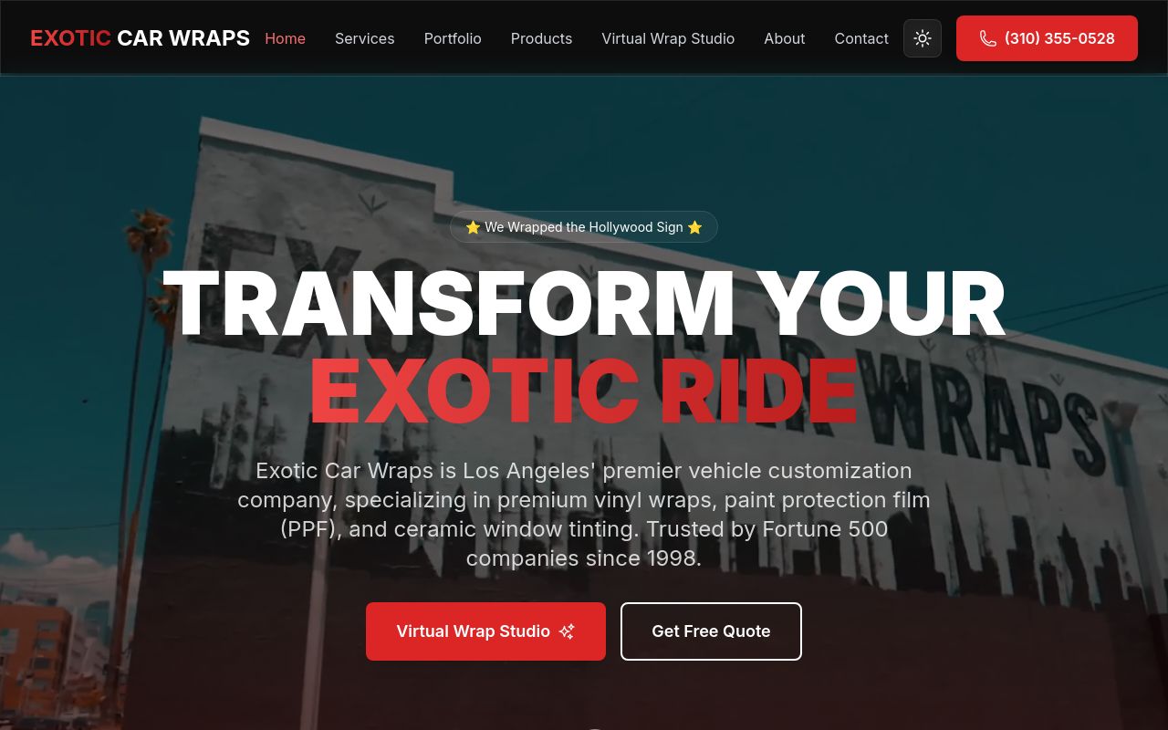 Homepage of Exotic Car Wraps Los Angeles's website