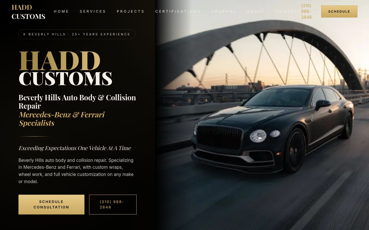Homepage of HADD Customs, LLC's website