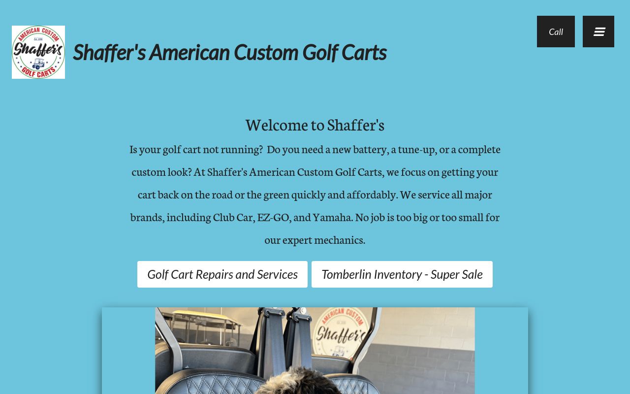 Homepage of Shaffer's American Custom Golf Carts's website