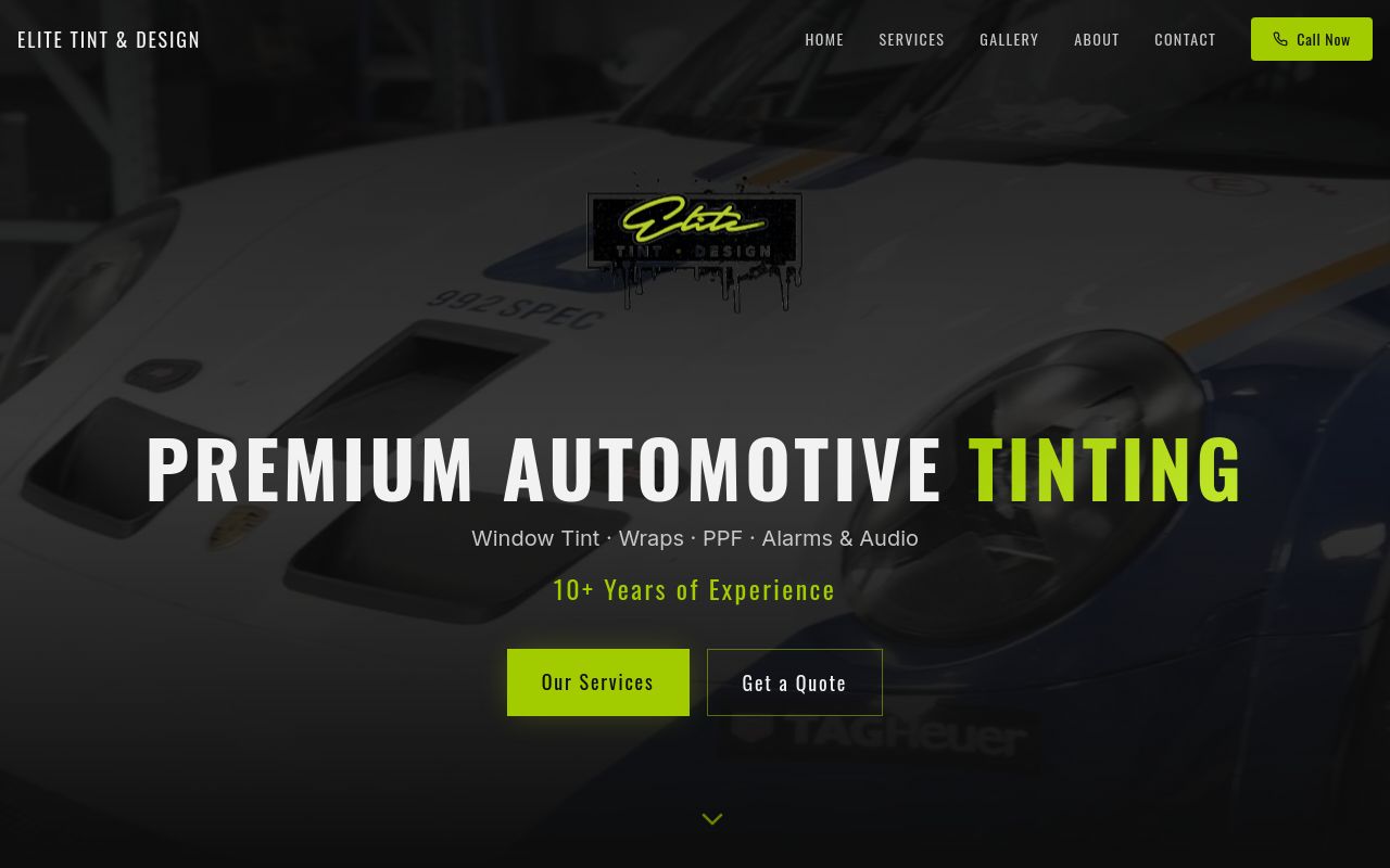 Homepage of Elite tint & design's website