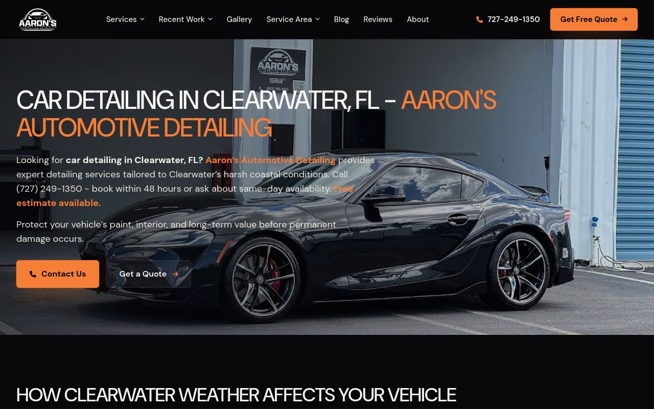 Homepage of Aaron’s Automotive Ceramic Coating, Paint Protection Film and Tint - Largo, FL's website