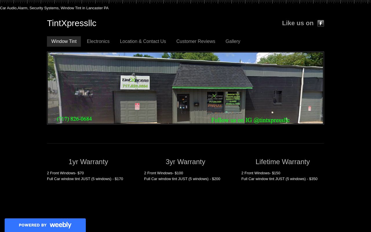 Homepage of Tint Express's website