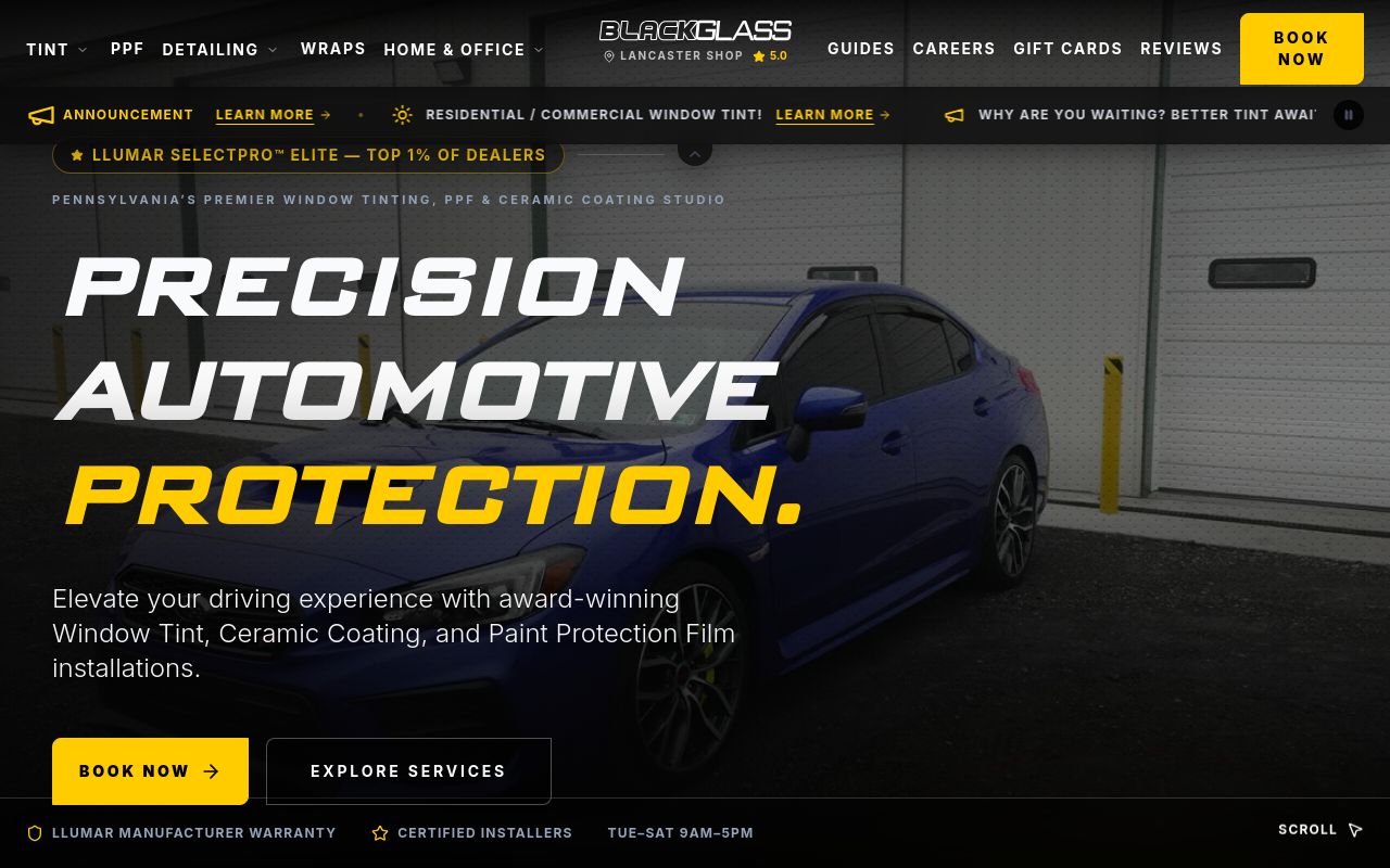 Homepage of BlackGlass Window Tinting + More's website