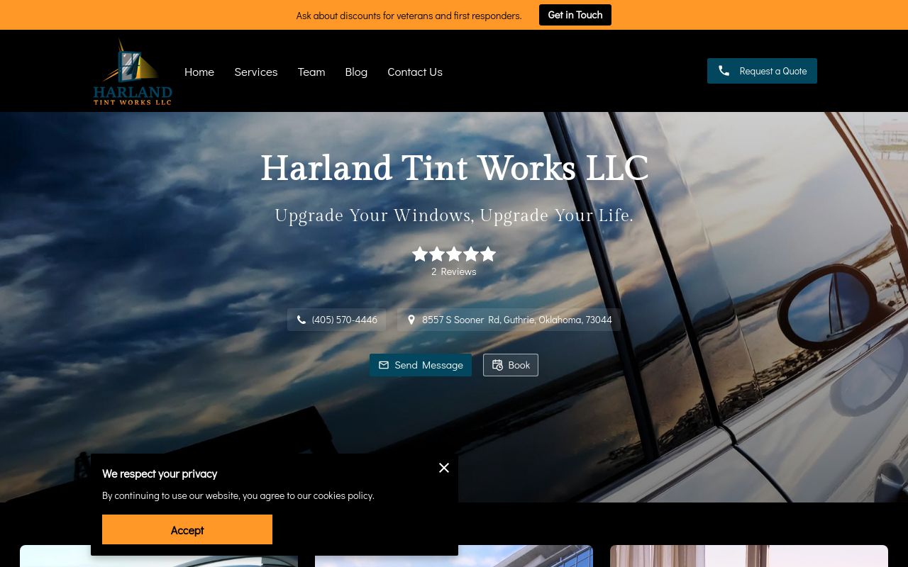 Homepage of Harland Tint Works LLC's website
