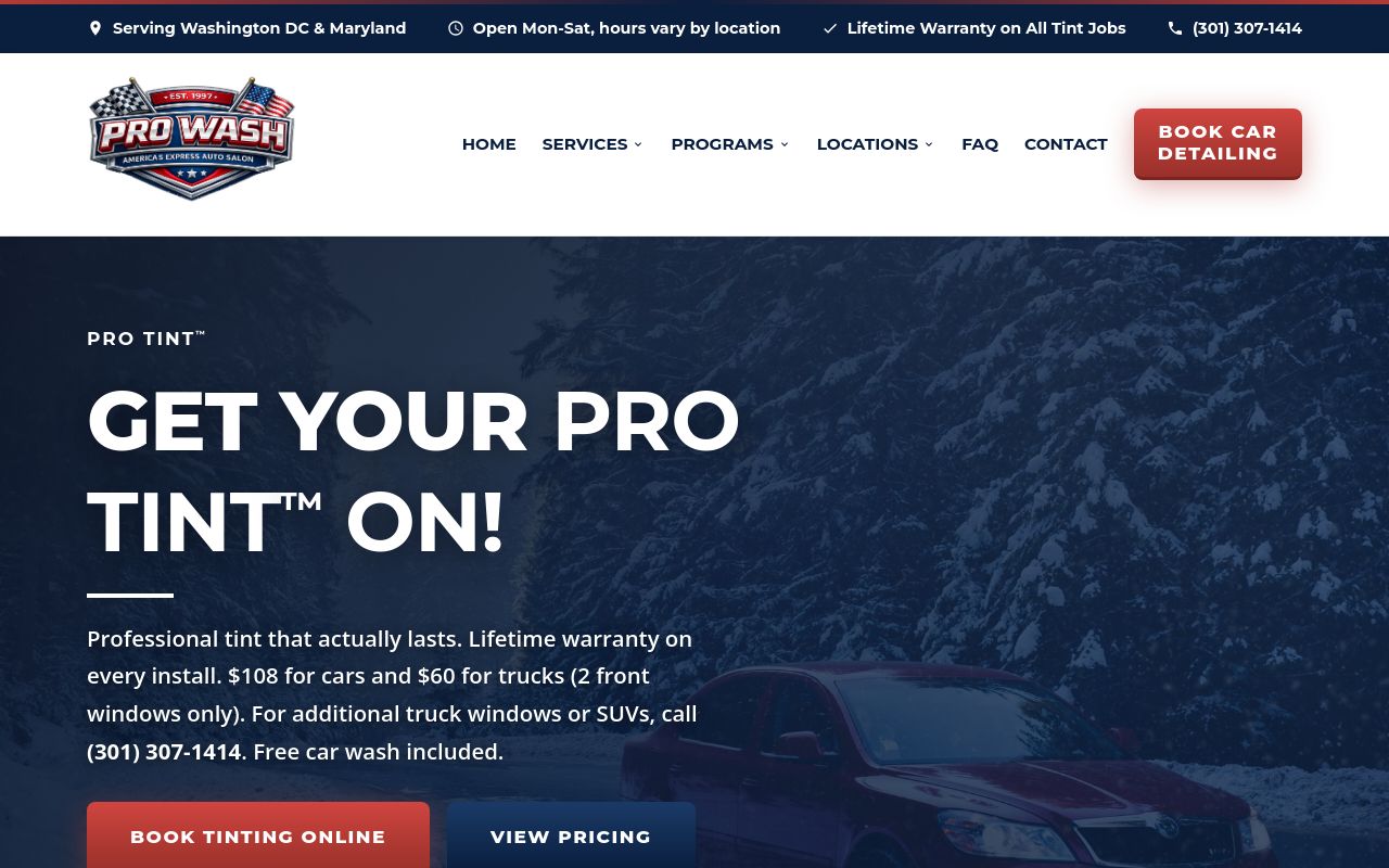 Homepage of Pro Tint DMV Bowie's website