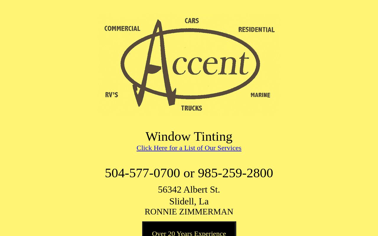 Homepage of Accent Window Tinting's website