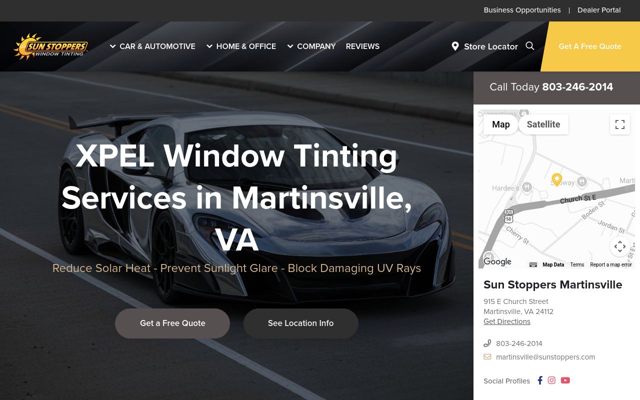 Homepage of Sun Stoppers Martinsville's website