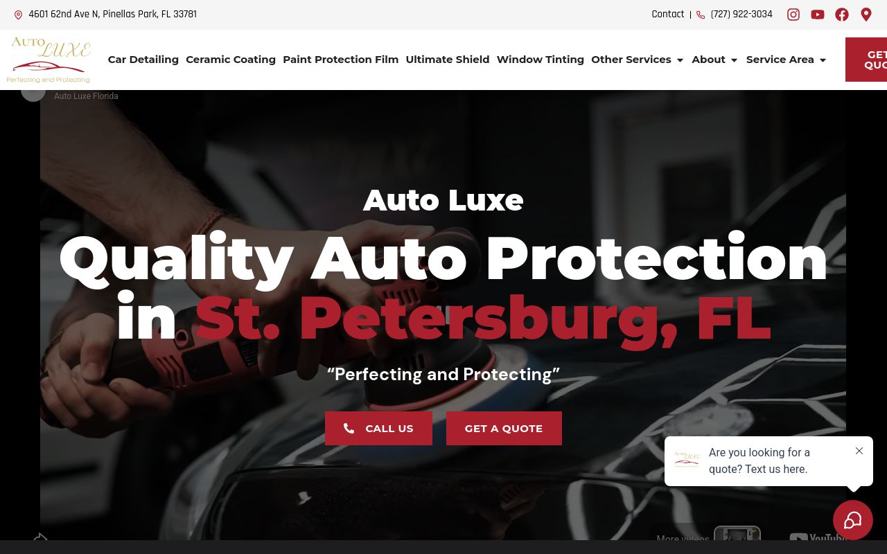 Homepage of Auto Luxe Florida - Ceramic Coating, Paint Protection Film, and Window Tint's website