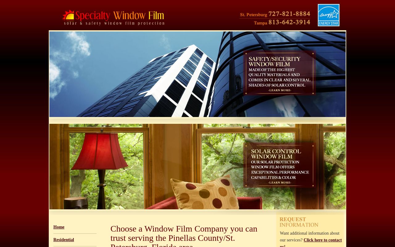 Homepage of Window Film Specialist's website