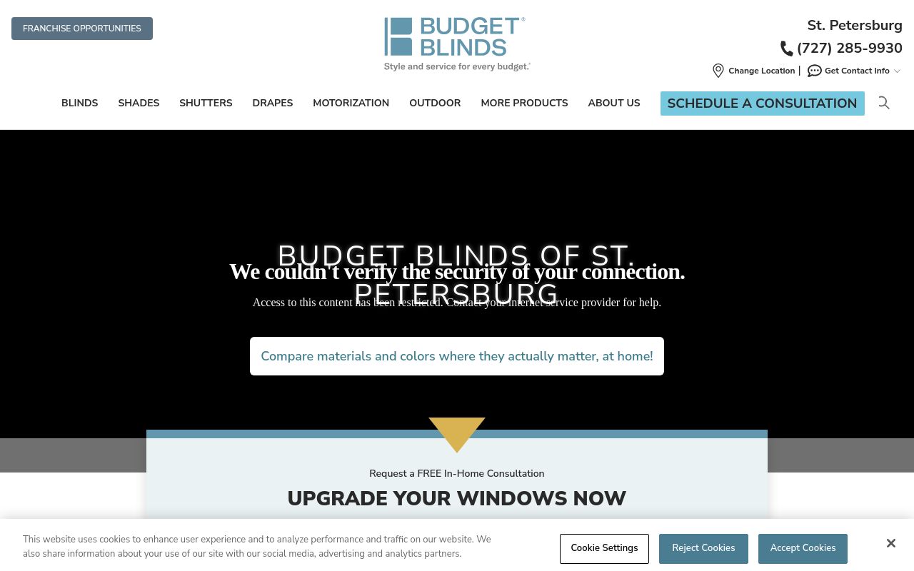 Homepage of Budget Blinds of St. Petersburg's website