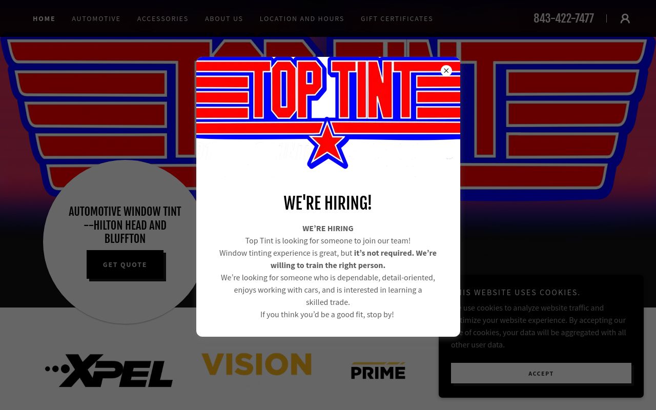 Homepage of Top Tint of Bluffton's website