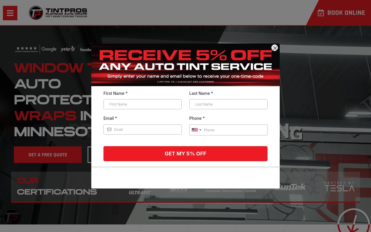 Homepage of Tint Pros / Platinum Auto Wraps's website
