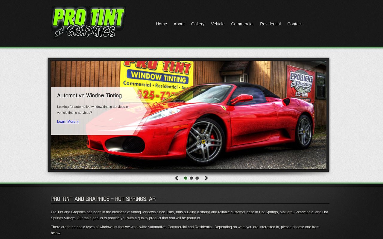 Homepage of Pro Tint and Graphics's website