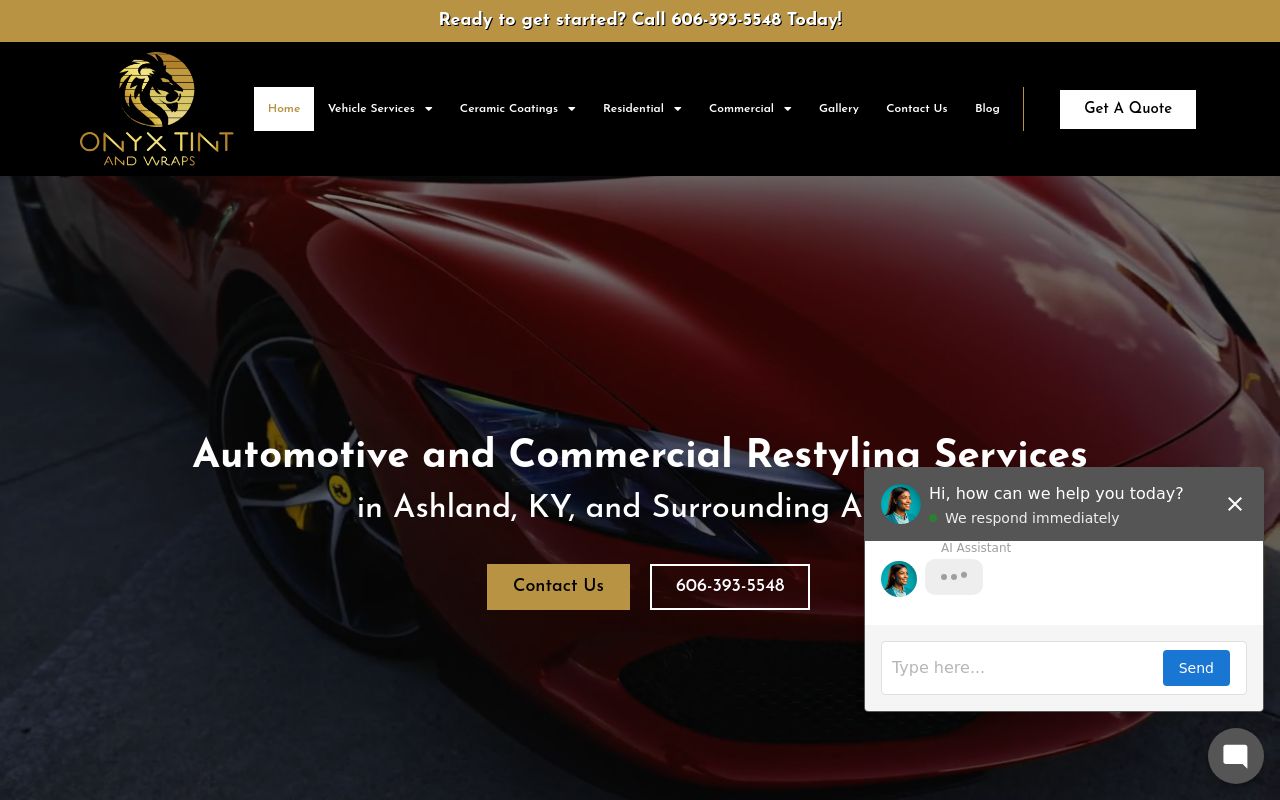 Homepage of Onyx Tint and Wraps's website