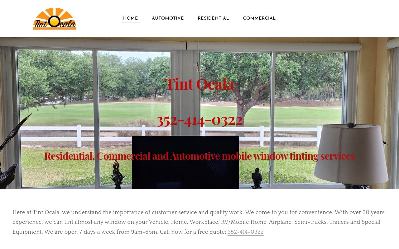 Homepage of Tint Ocala - Mobile Window Tinting Services's website