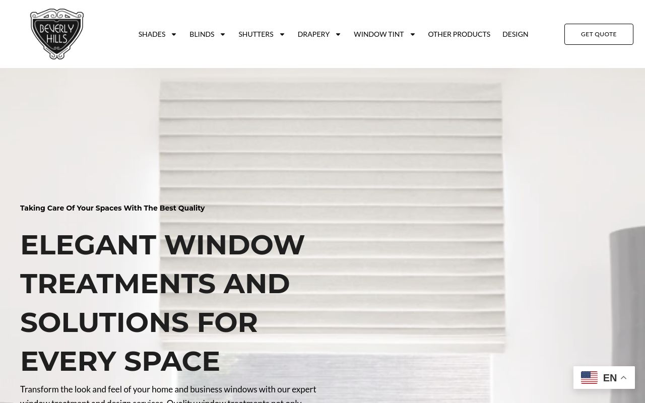 Homepage of Beverly Hills Window Treatments, Tinting & Design's website