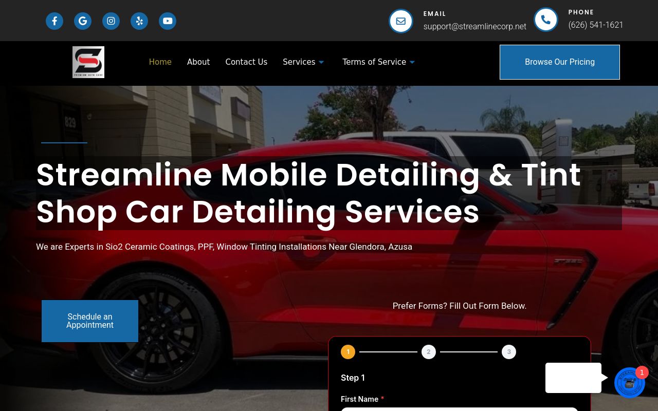 Homepage of Streamline Detailing & Tint Shop's website