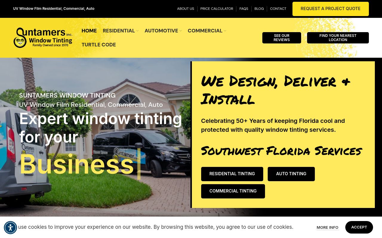 Homepage of Suntamers Home Window Tinting's website