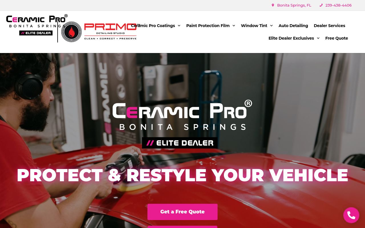 Homepage of PRIMO Detailing Studio - Ceramic Pro Bonita Springs - Detailing, Ceramic Coating, PPF, Window Tint's website