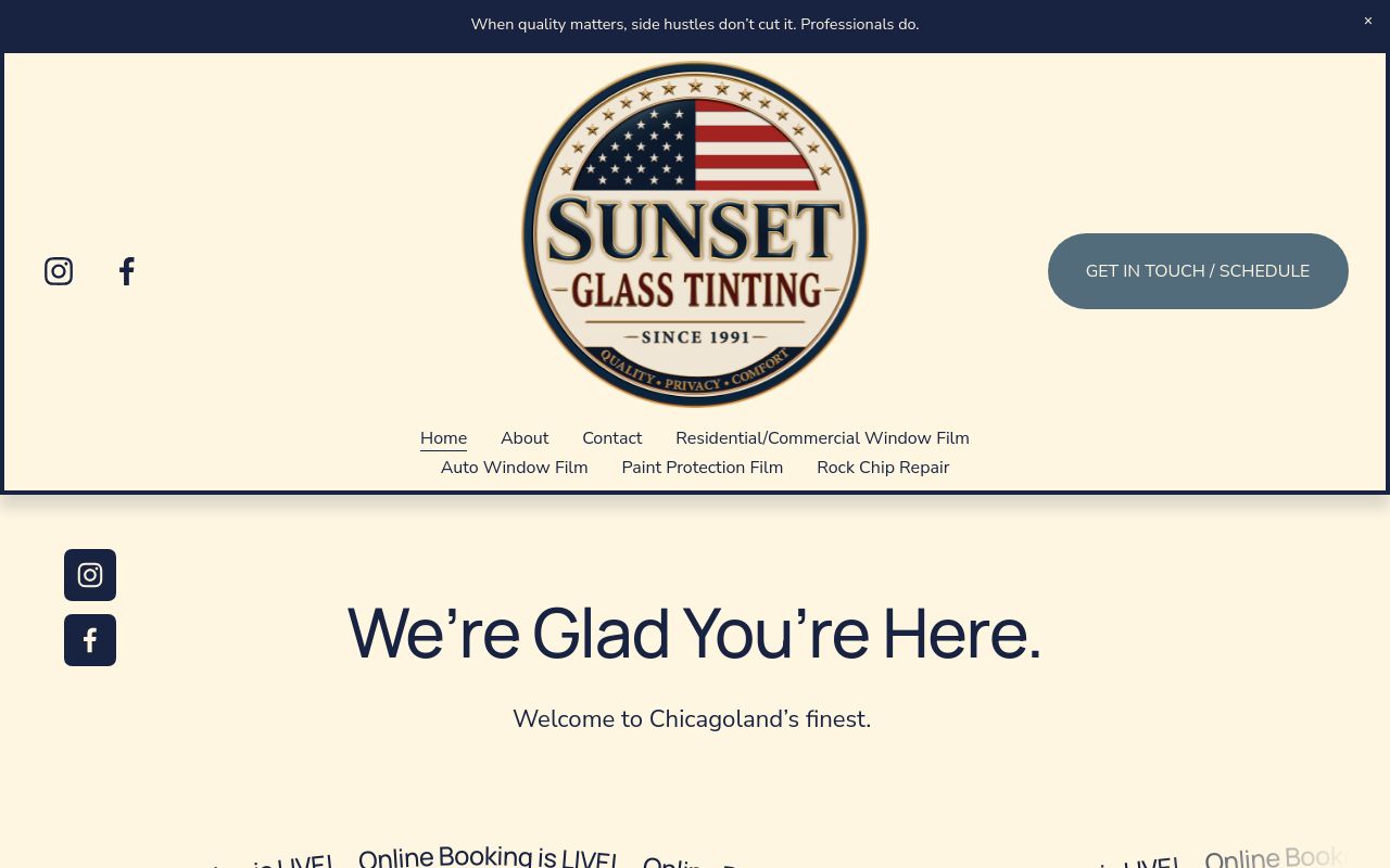 Homepage of Sunset Glass Tinting's website
