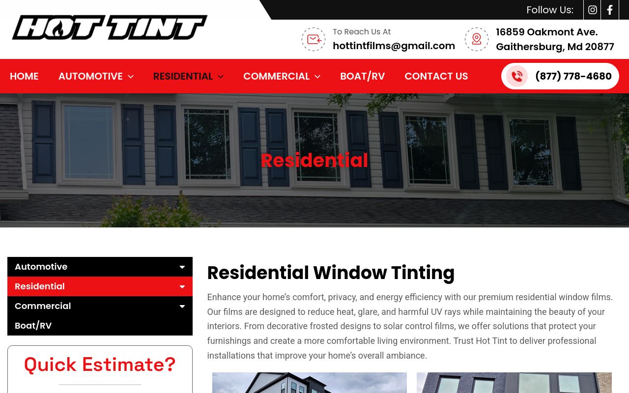 Homepage of Hot Tint Commercial & Residential's website