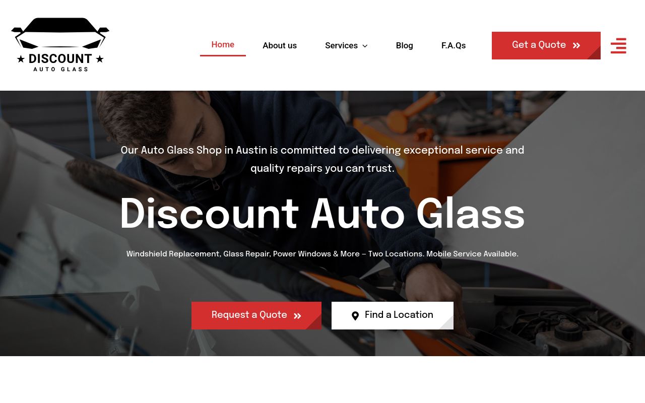 Homepage of Discount Auto Glass's website
