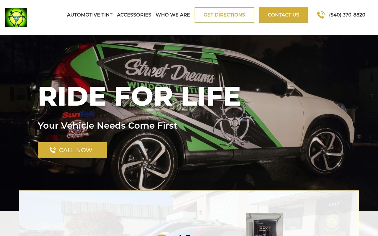 Homepage of Street Dreams Window Tint's website