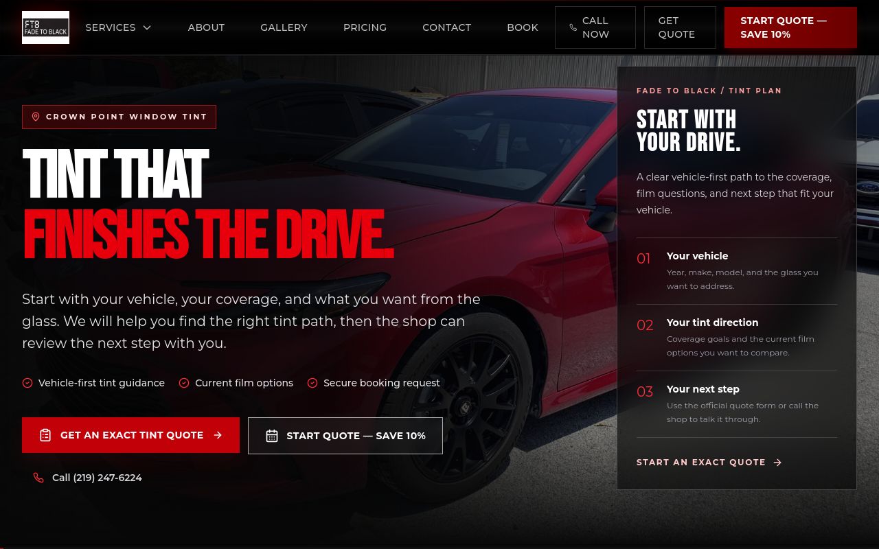 Homepage of Fade To Black Tint & Customs's website