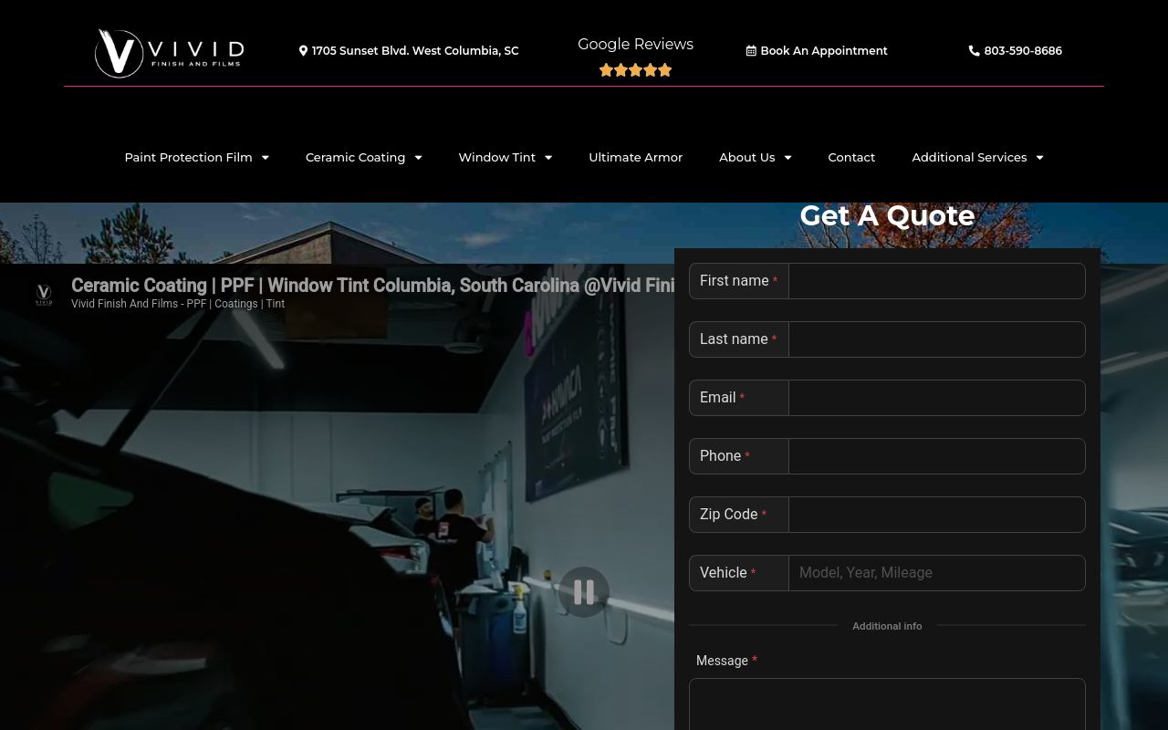Homepage of Vivid Finish And Films - Ceramic Pro Columbia's website
