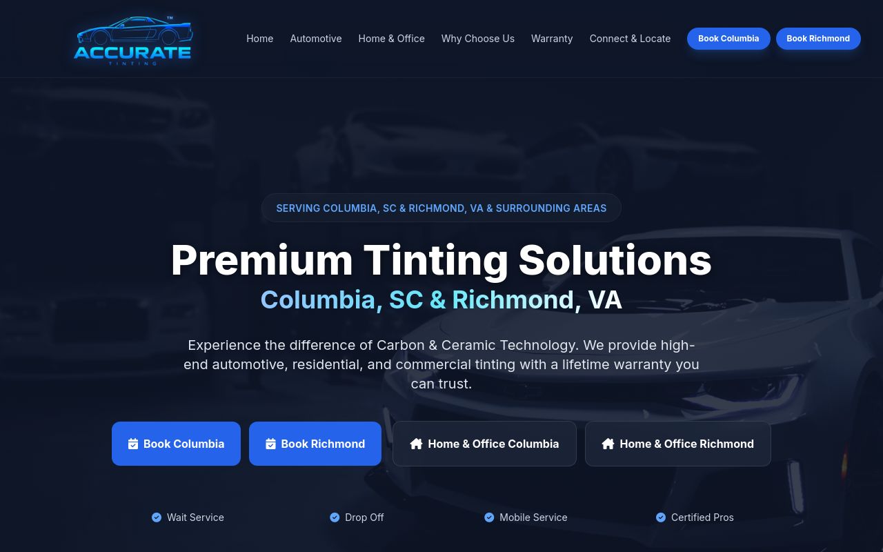 Homepage of Accurate Tinting's website