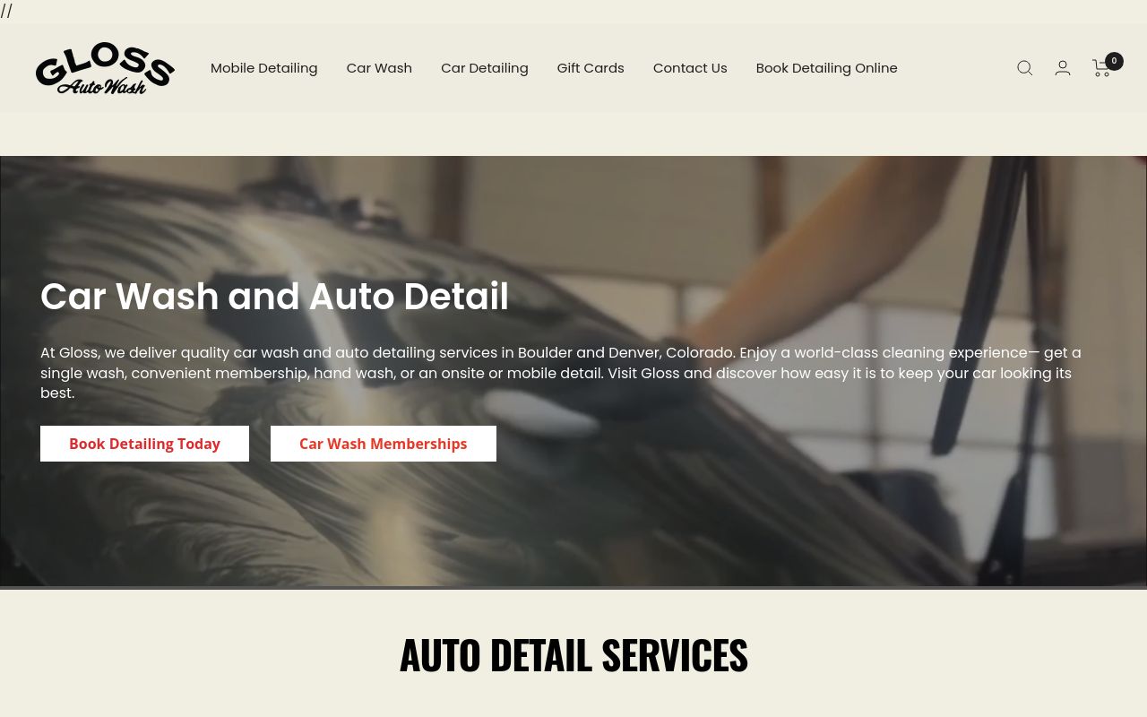 Homepage of Gloss Auto Wash & Detail's website