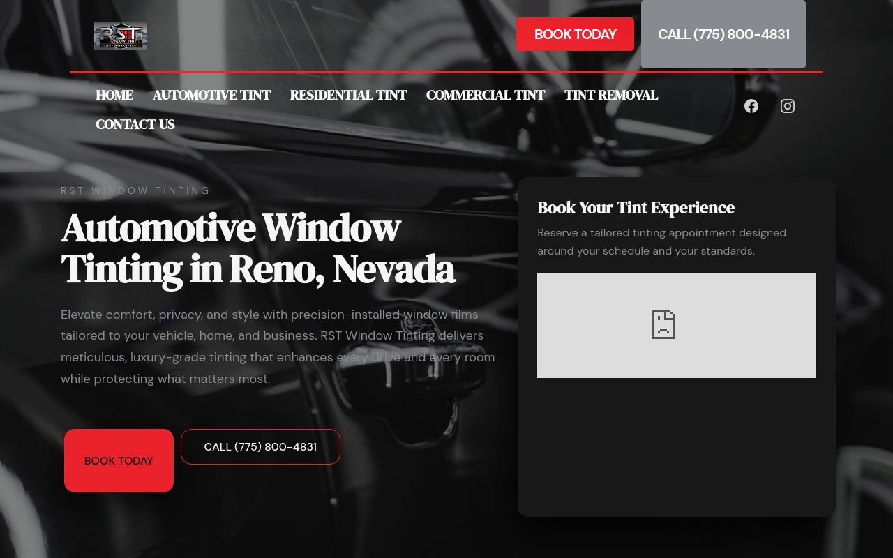 Homepage of RST Window Tinting's website