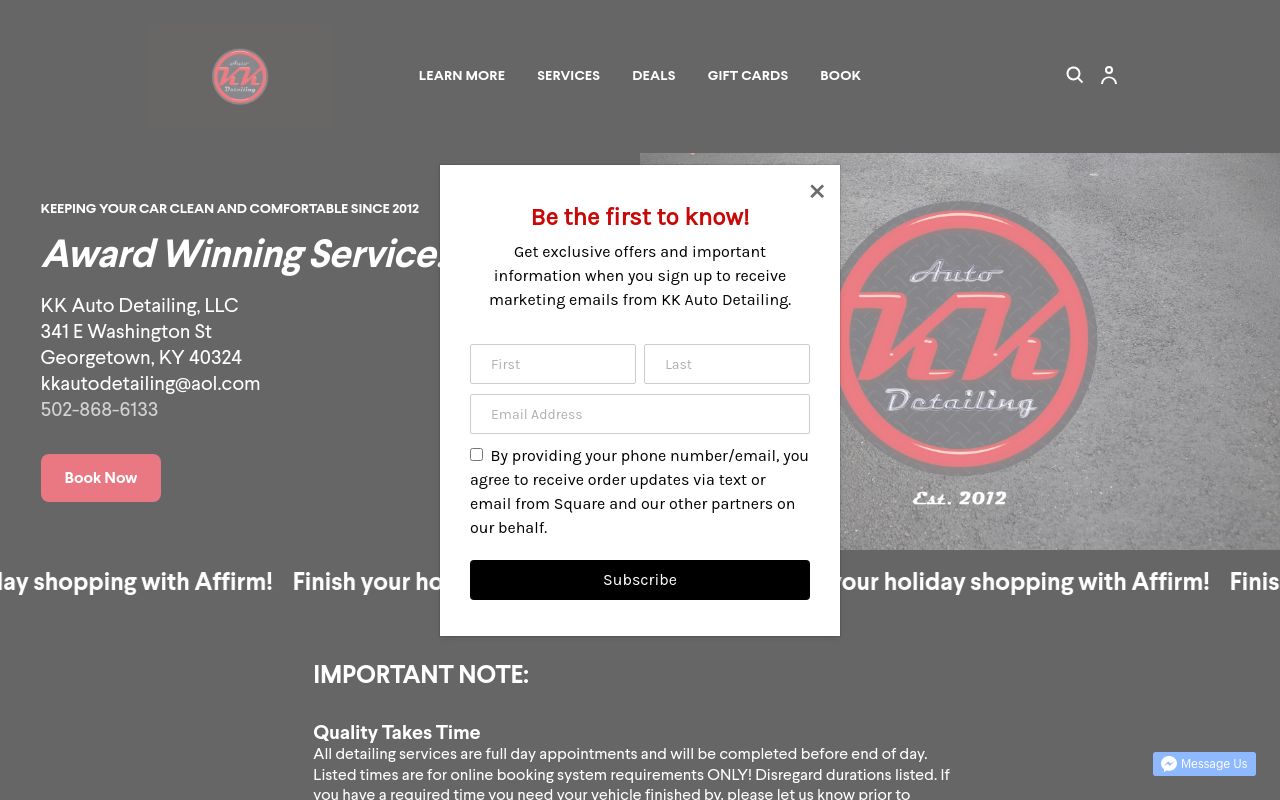 Homepage of KK Auto Detailing's website