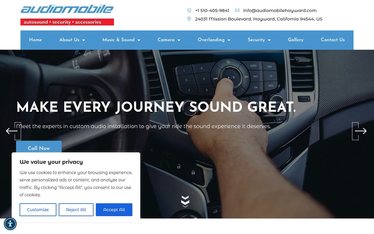 Homepage of Audiomobile - Overlanding Accessories, Android Auto & Apple Play Car Services in Hayward's website