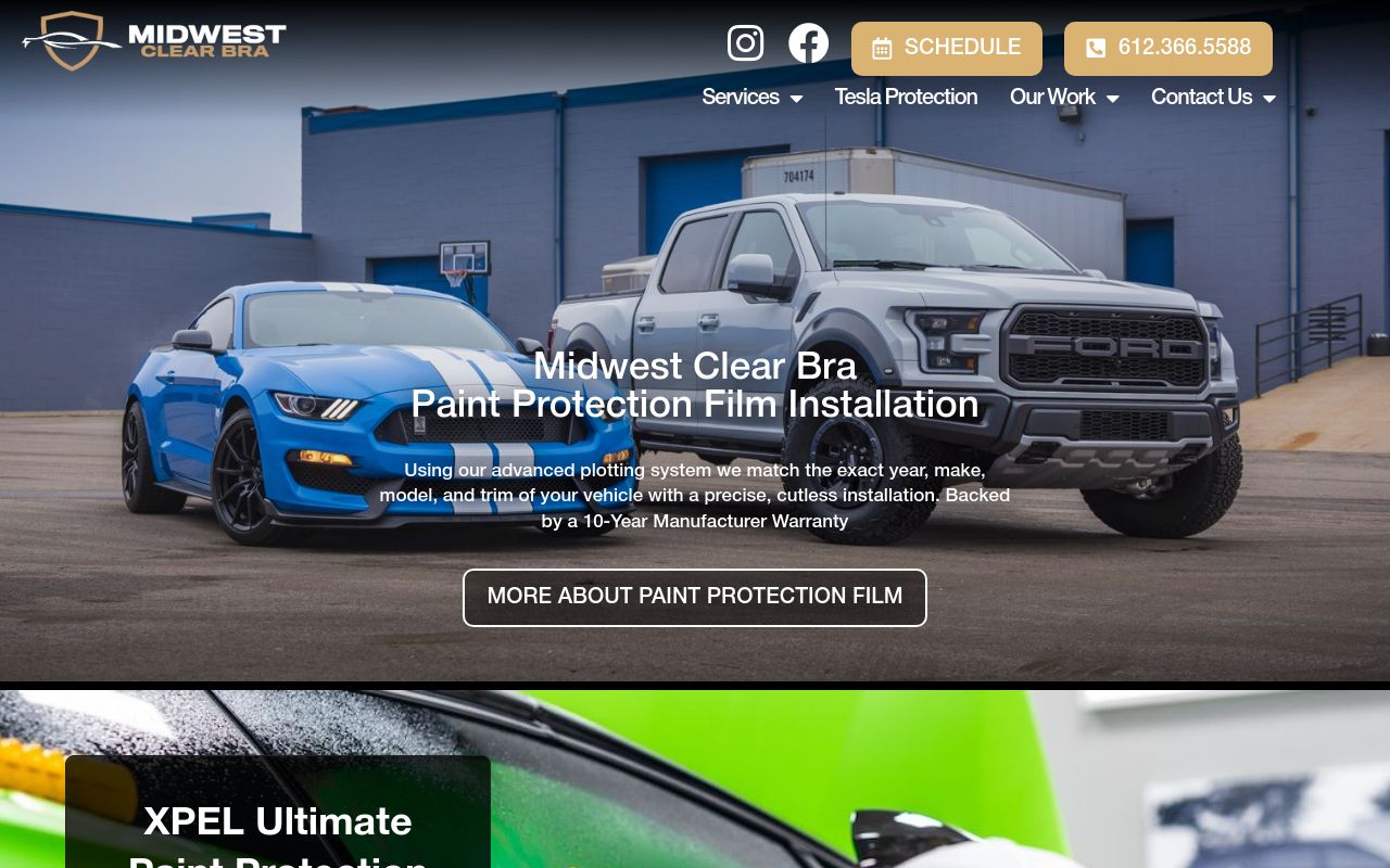 Homepage of Midwest Clear Bra and Window Tint's website