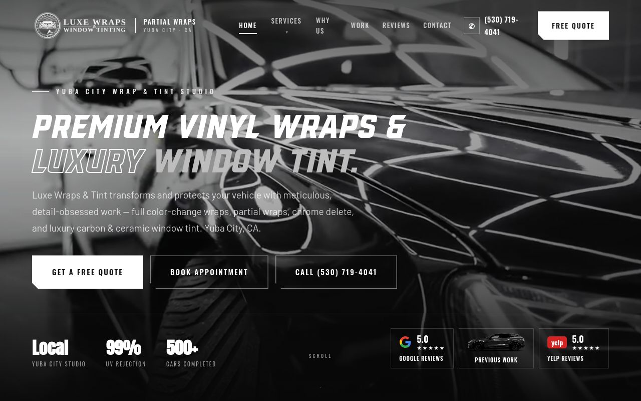 Homepage of LuxeWraps&Tint's website