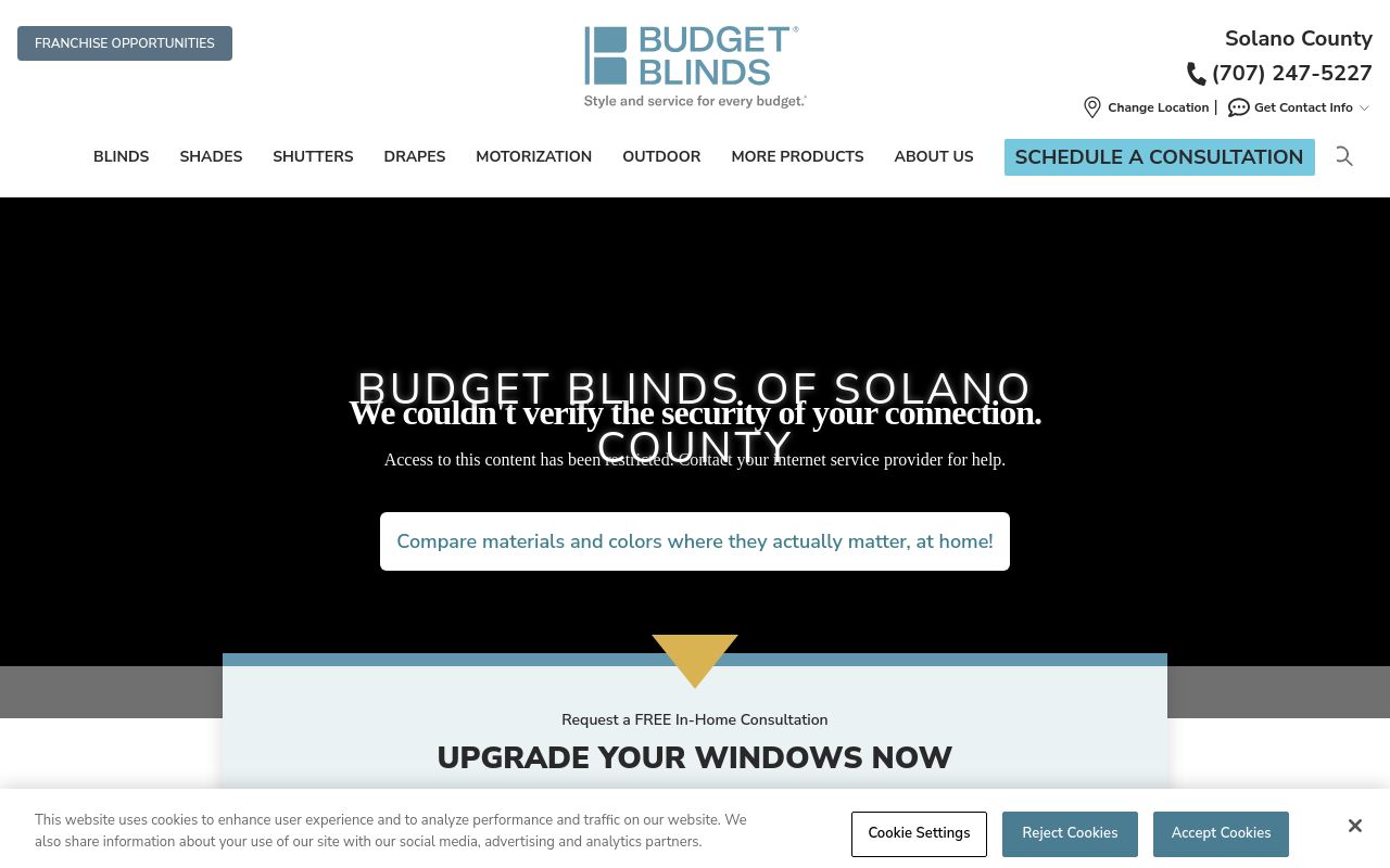 Homepage of Budget Blinds of Solano County's website