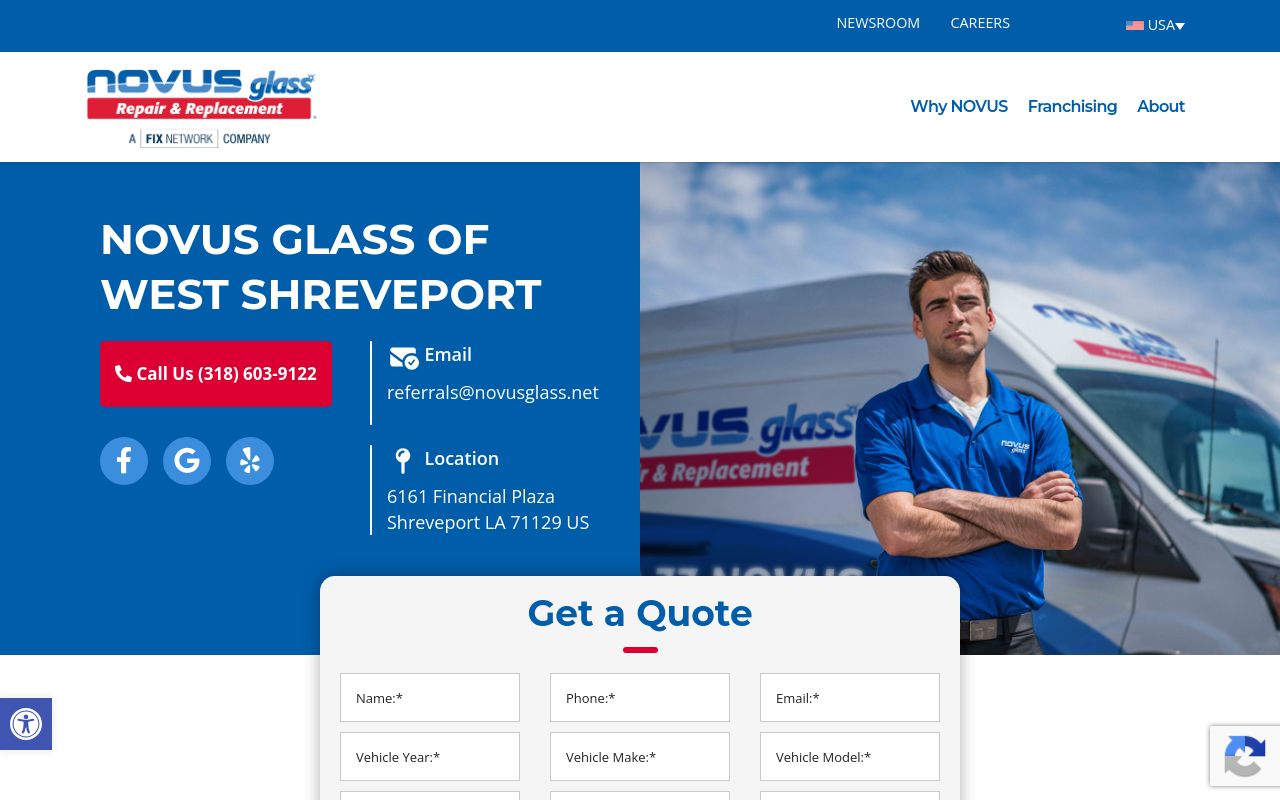 Homepage of NOVUS Glass of West Shreveport's website