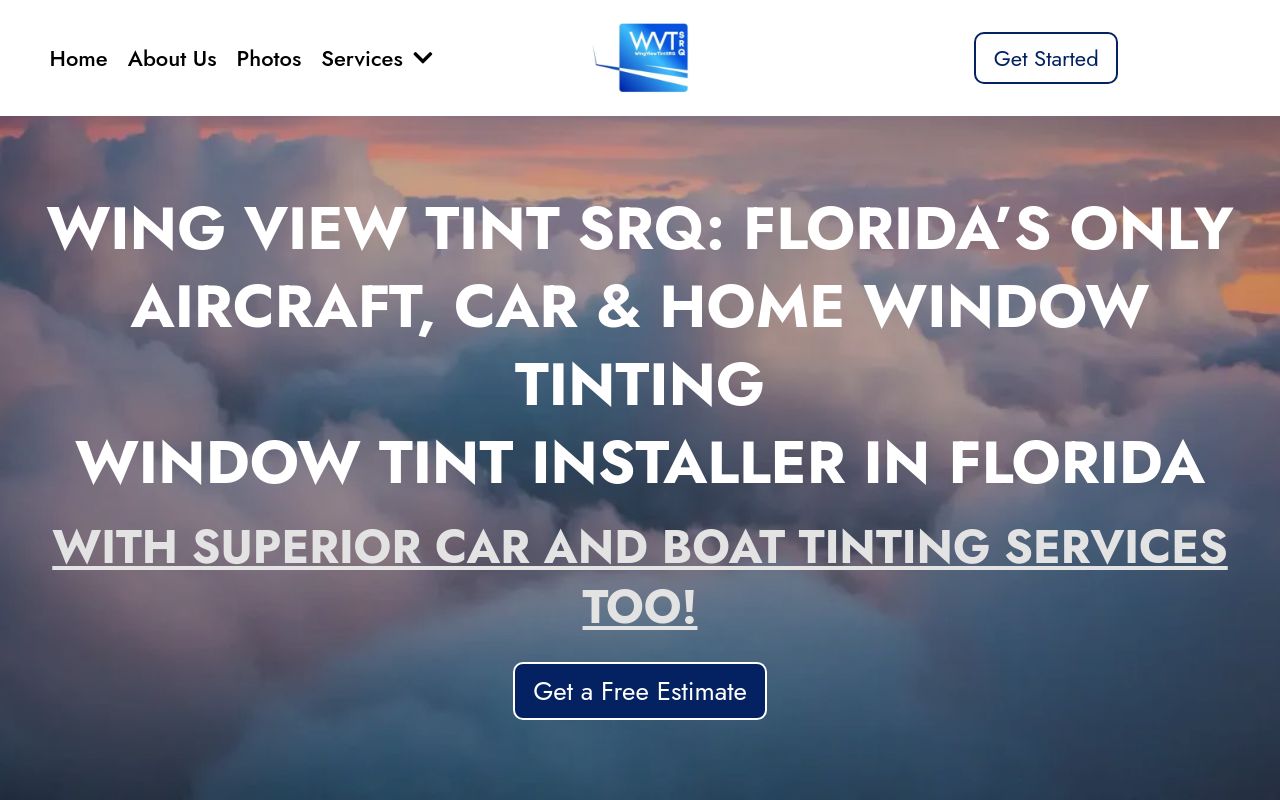 Homepage of Wingview Tint SRQ's website