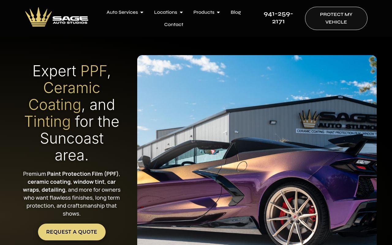 Homepage of Sage Auto Studios's website