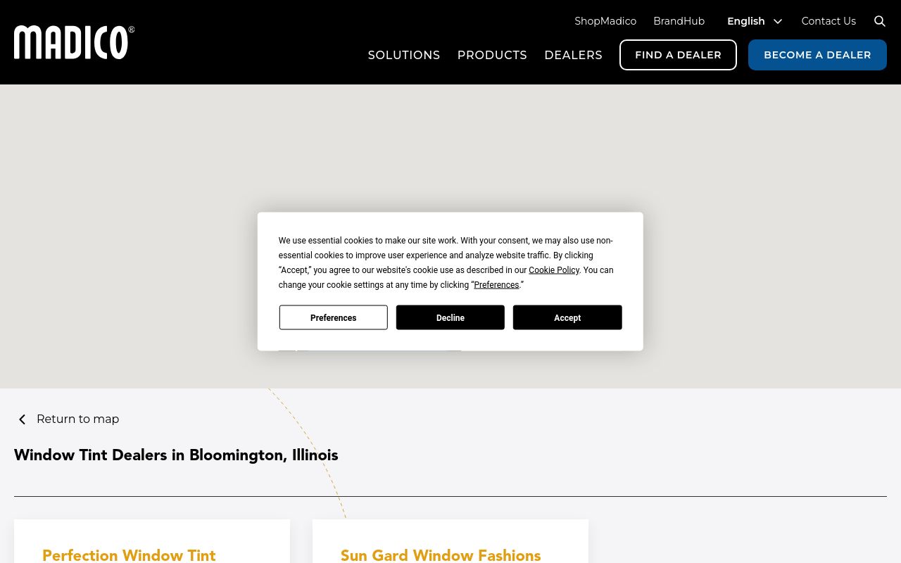 Homepage of Perfection Window Tint's website