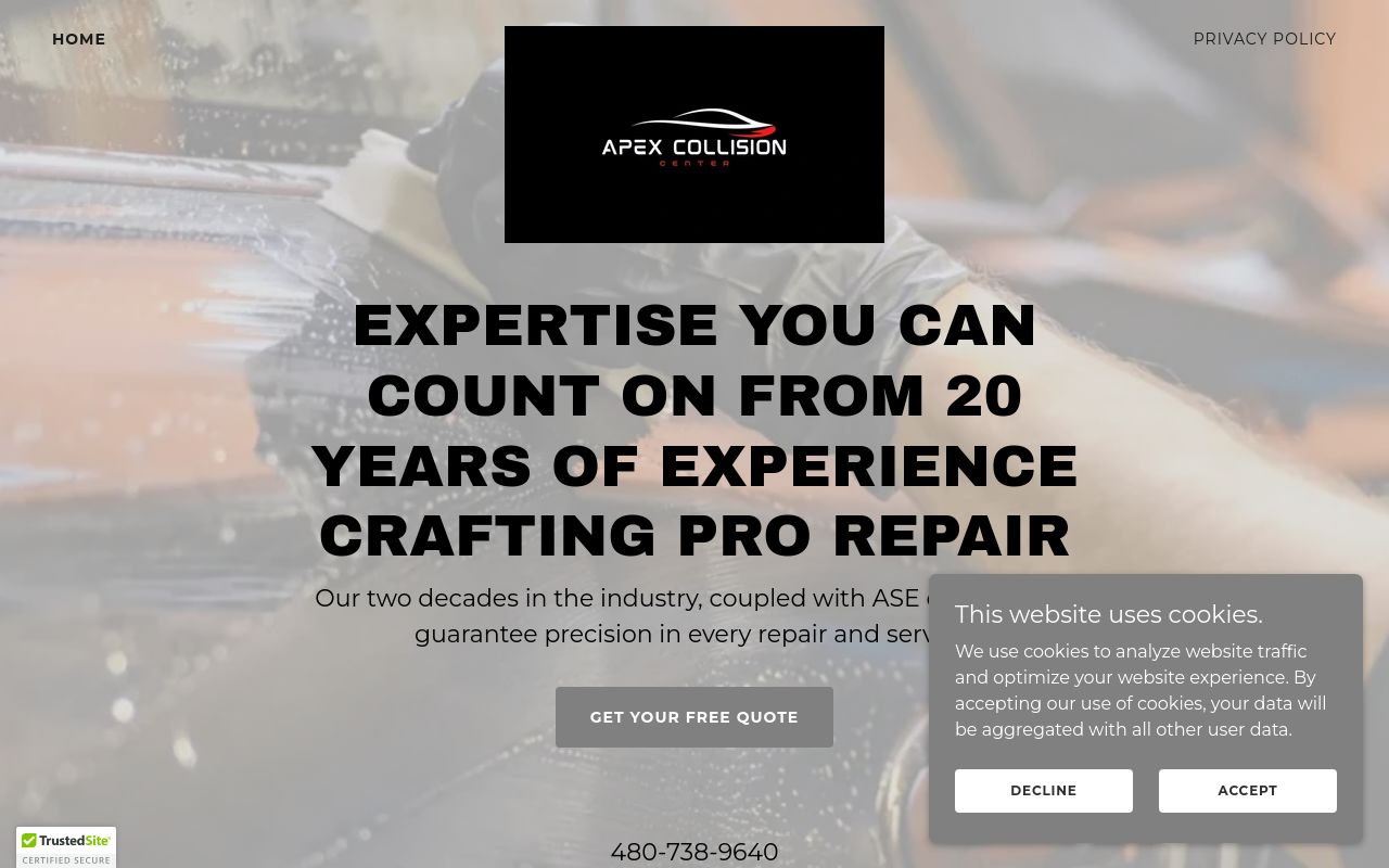 Homepage of Apex Collision Center's website