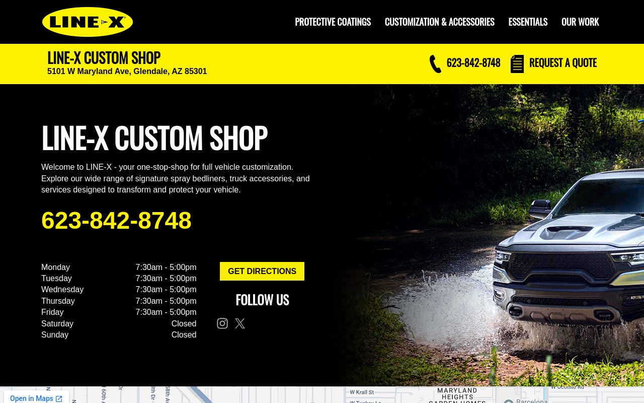 Homepage of Custom Auto & Truck Shop Line-X's website