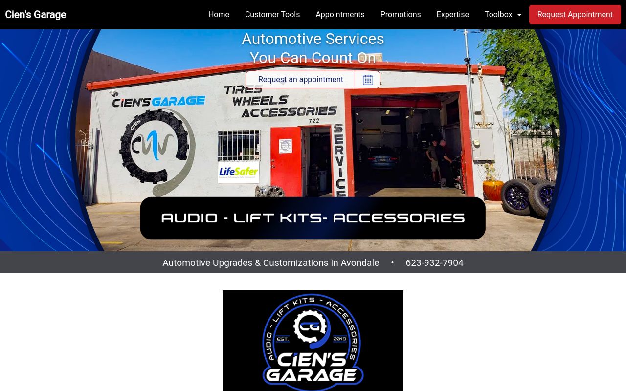 Homepage of CIEN'S GARAGE - AUDIO - LIFT KITS - TIRES's website